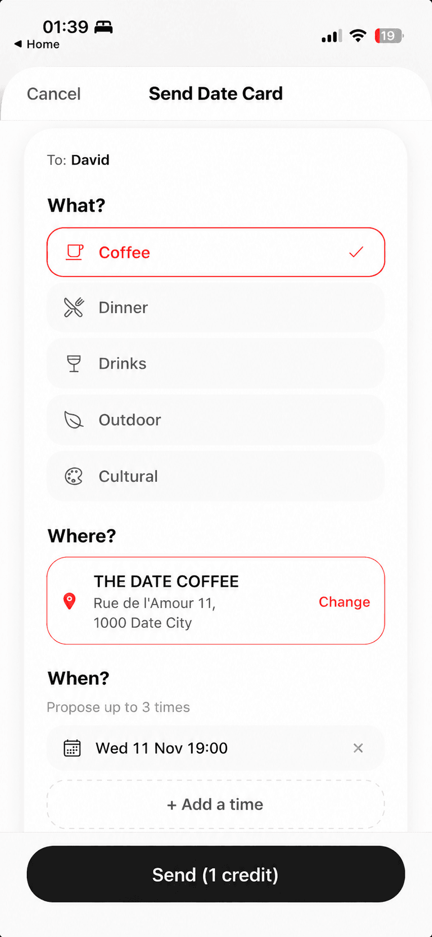 Choosing a venue and time slots to send a date card