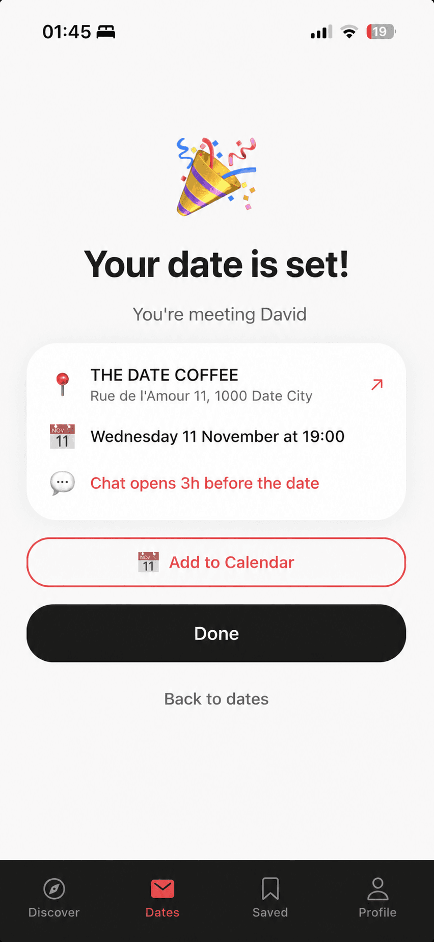 A confirmed date with its venue and time