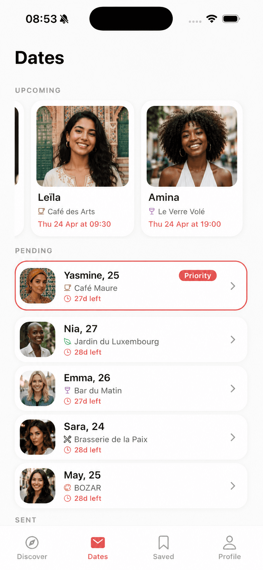 Upcoming and pending dates in the Date Cards app