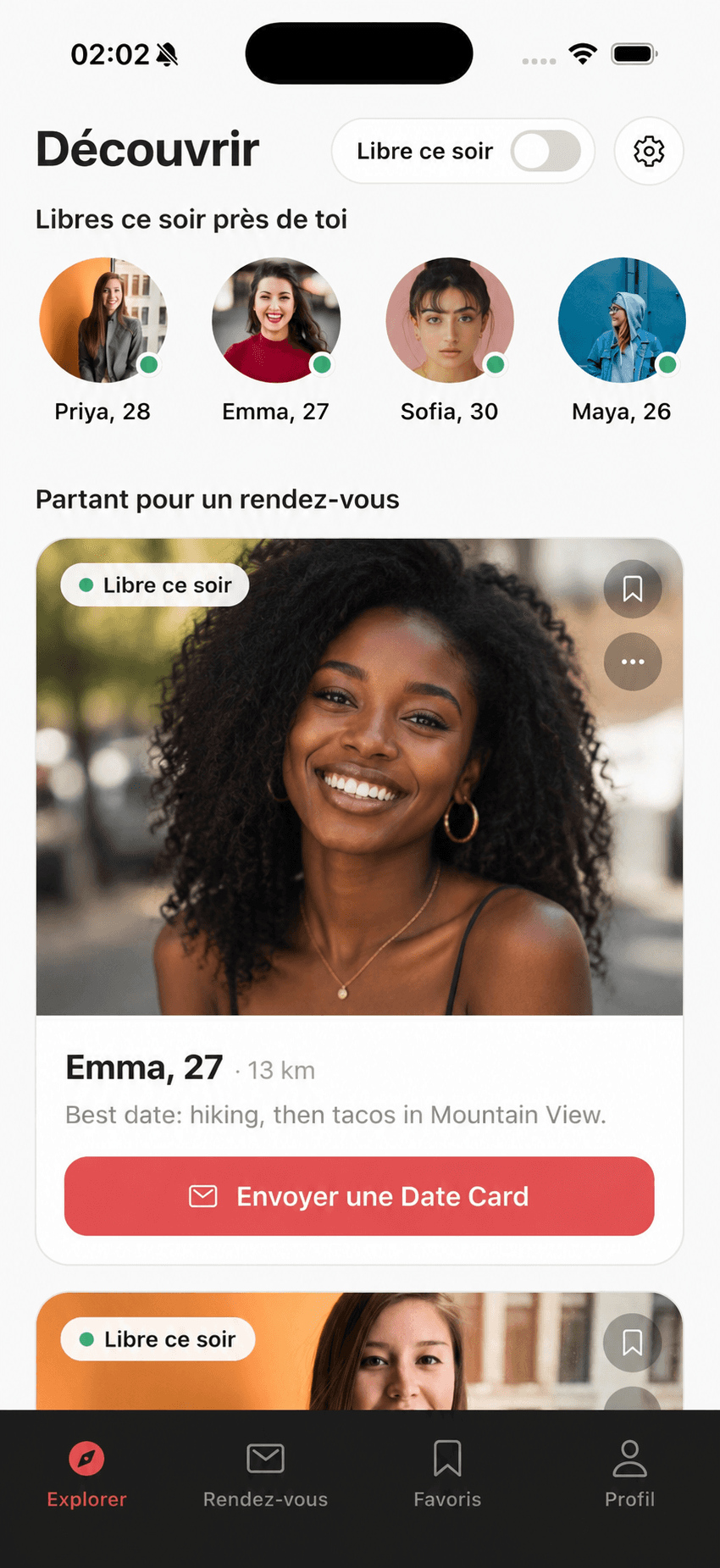 The Date Cards app showing nearby profiles who are free tonight